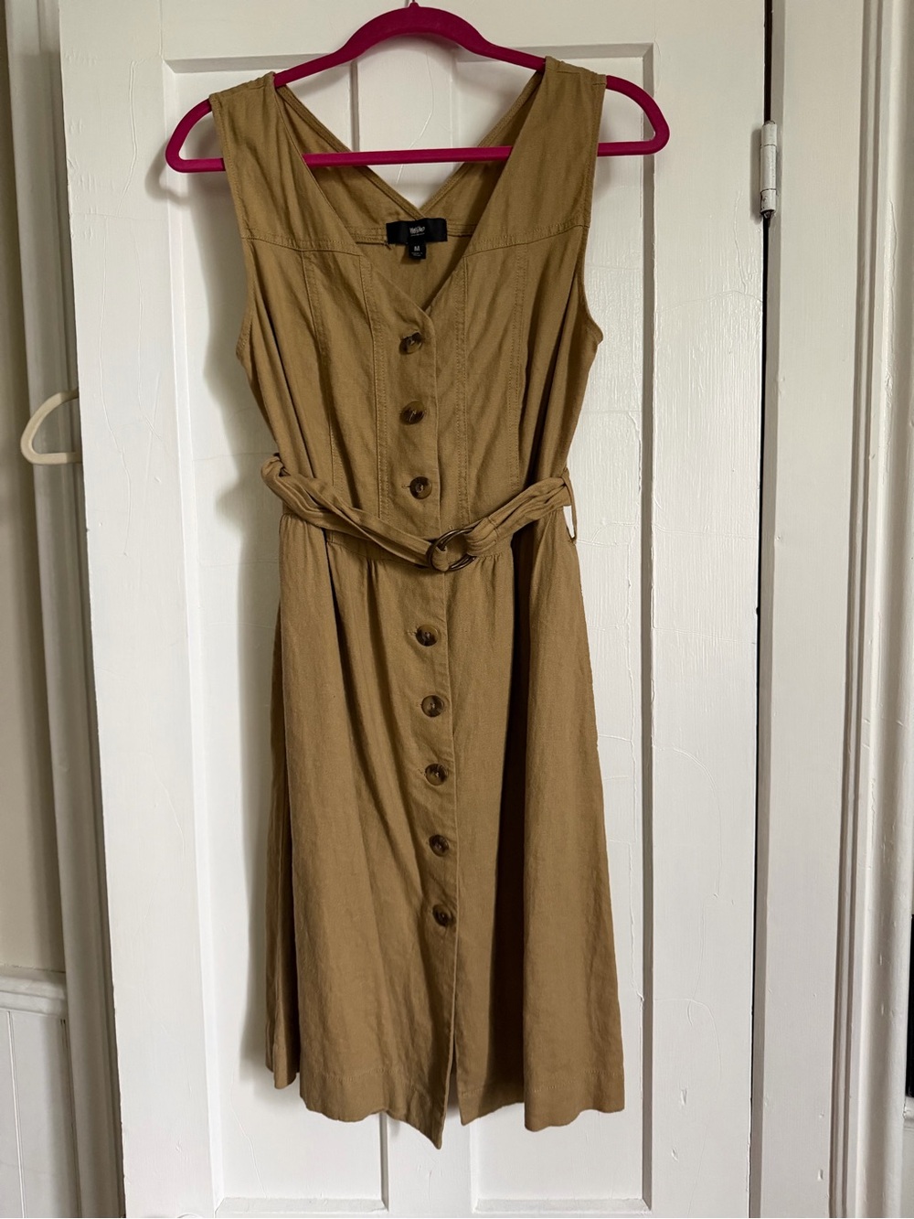 Sleeveless Button-Front Midi Dress with Belt - Tan